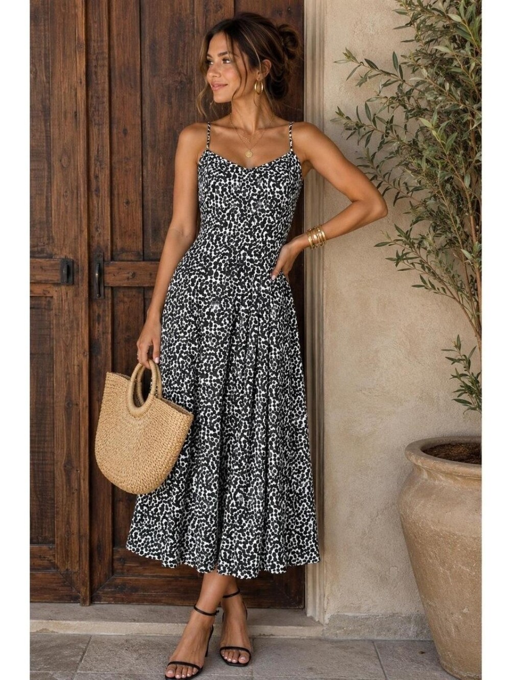 Banana Republic Spaghetti Strap Black & White Spot Print Midi Dress - Size 4